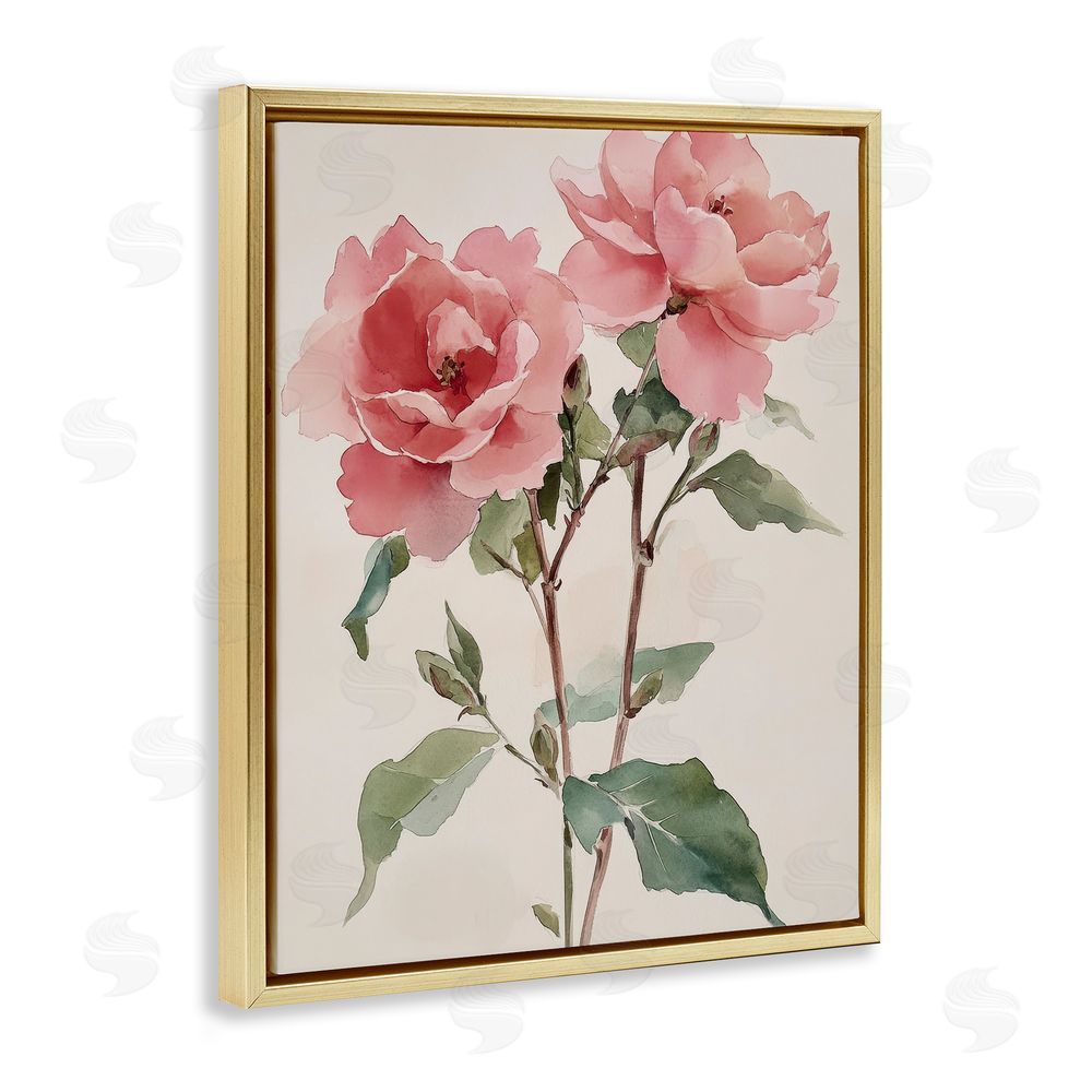 Petal Prints Design Watercolor Roses Pink Floras Gold Floating Frame Canvas Wall Art Print