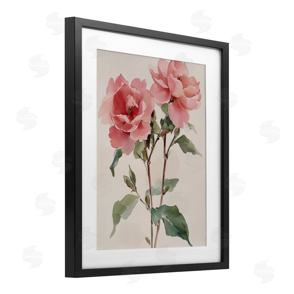 Petal Prints Design Watercolor Roses Pink Floras Black Framed Print Under Glass with White Mat Wall Art