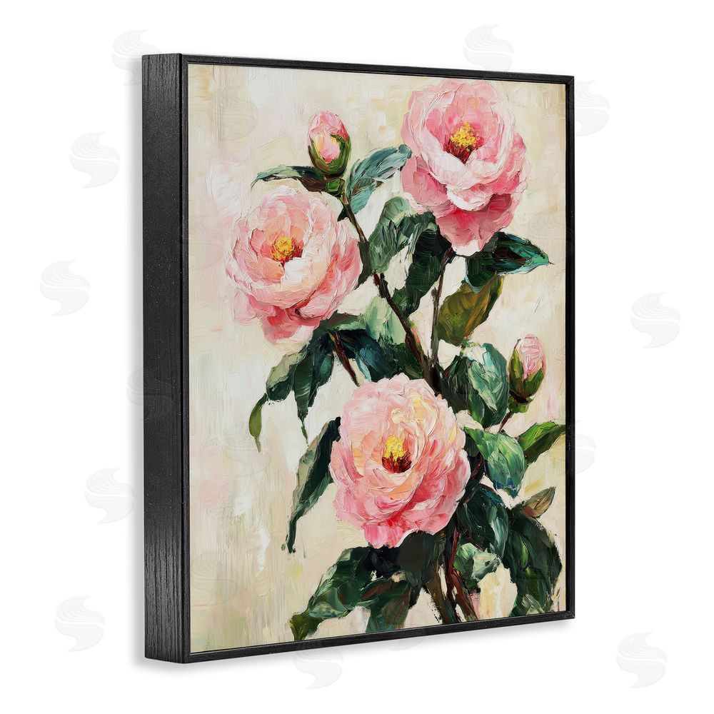 Petal Prints Design Painted Pink Poppies with Buds Black Framed Giclee Wall Art Print