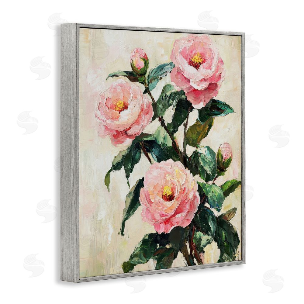 Petal Prints Design Painted Pink Poppies with Buds Gray Framed Giclee Wall Art Print