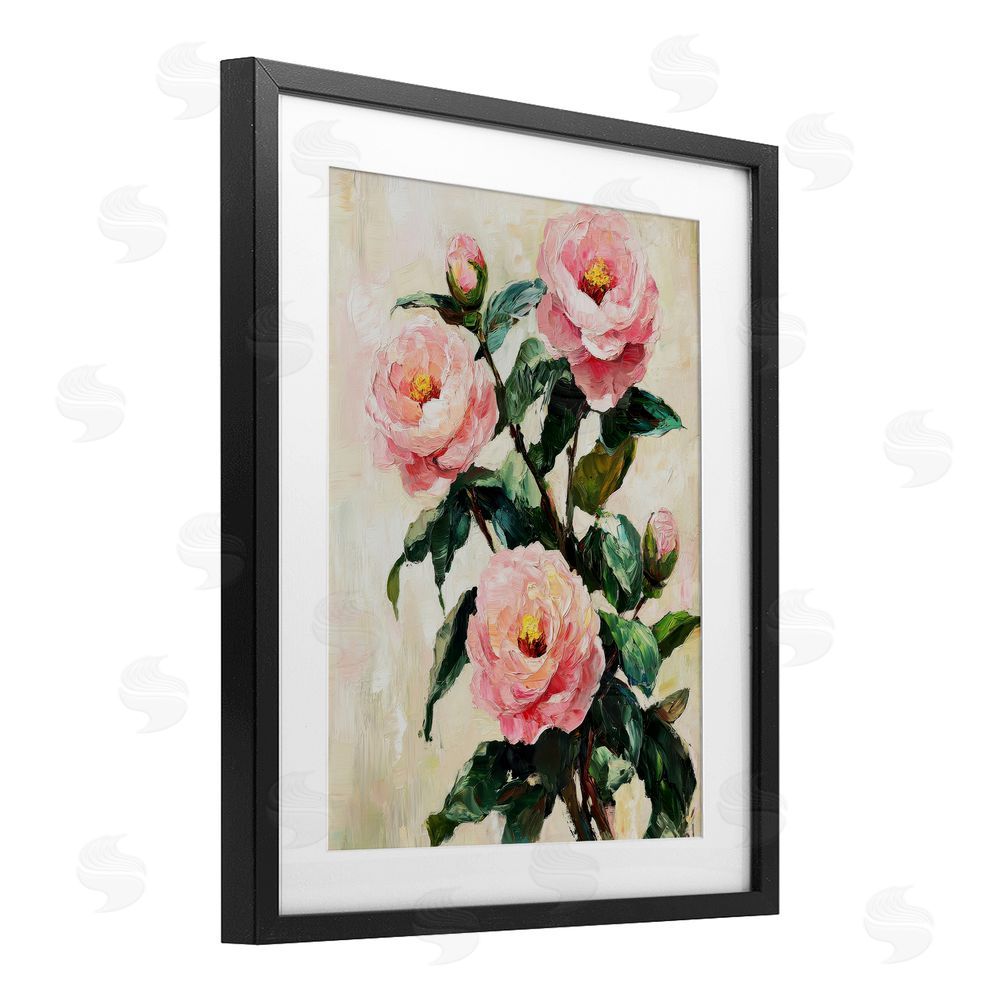 Petal Prints Design Painted Pink Poppies with Buds Black Framed Print Under Glass with White Mat Wall Art