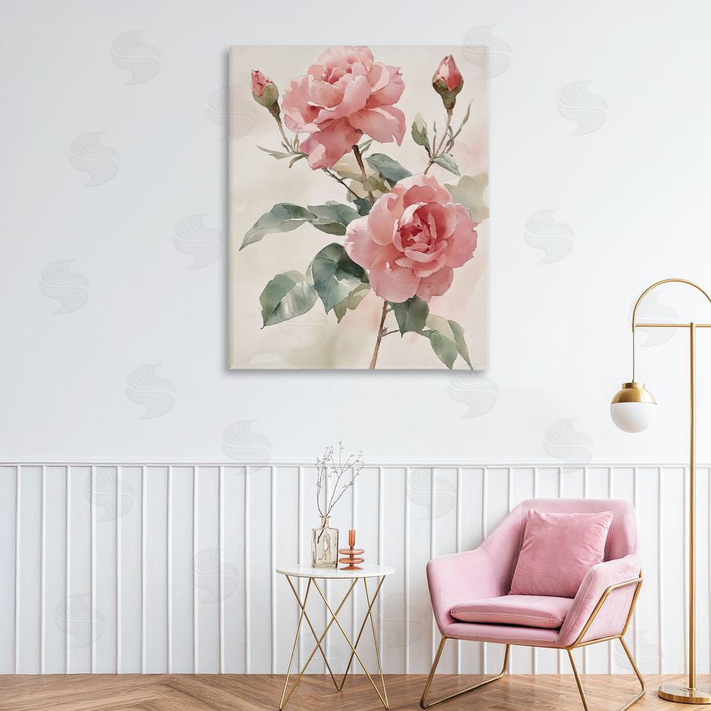 Petal Prints Design Pink Watercolor Roses and Buds Canvas Art on Wall