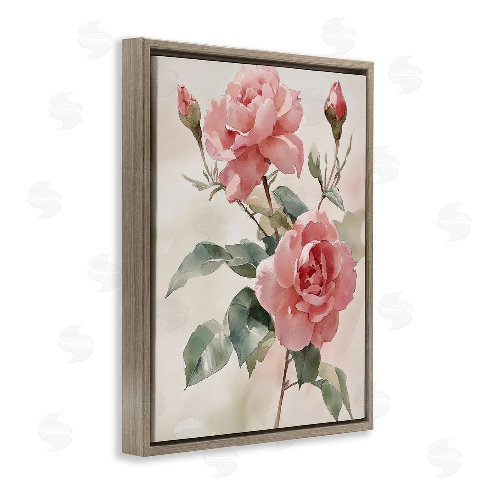 Petal Prints Design Pink Watercolor Roses and Buds Brown Floating Frame Canvas Wall Art Print
