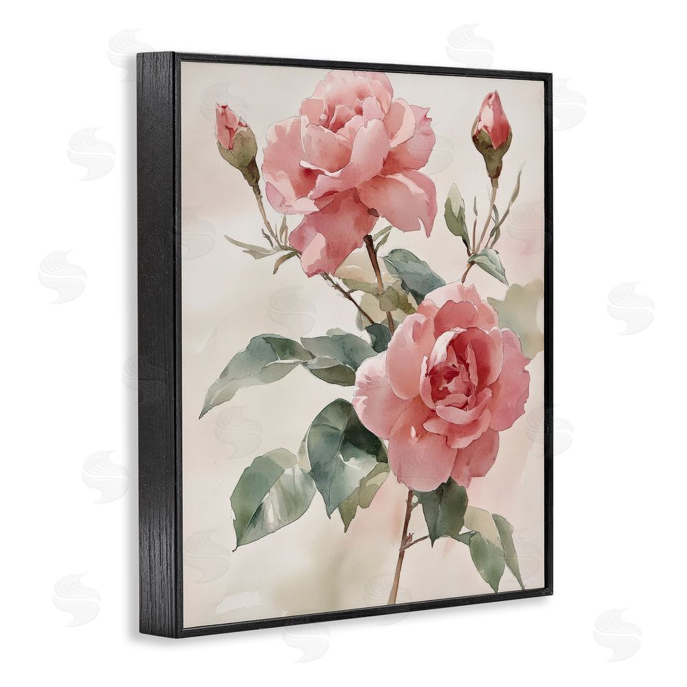 Petal Prints Design Pink Watercolor Roses and Buds Black Framed Giclee Wall Art Print