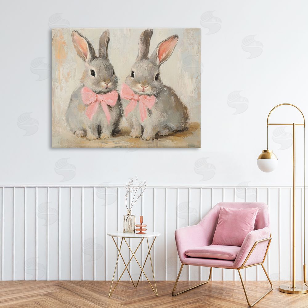 Petal Prints Design Bunnies in Pink Bows Canvas Art on Wall