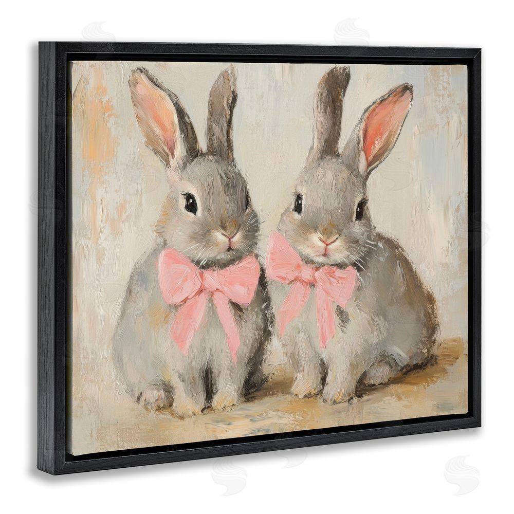 Petal Prints Design Bunnies in Pink Bows Black Floating Frame Canvas Wall Art Print