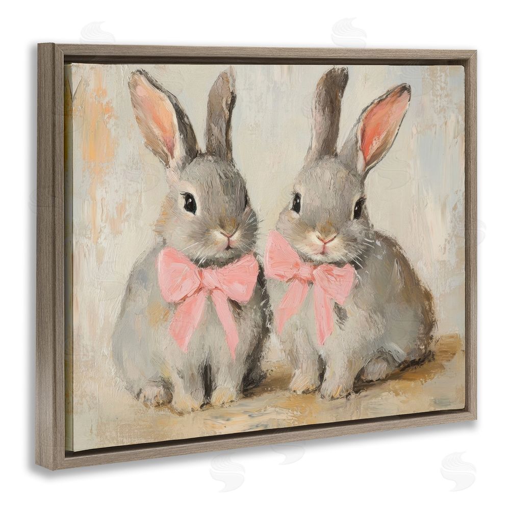 Petal Prints Design Bunnies in Pink Bows Brown Floating Frame Canvas Wall Art Print