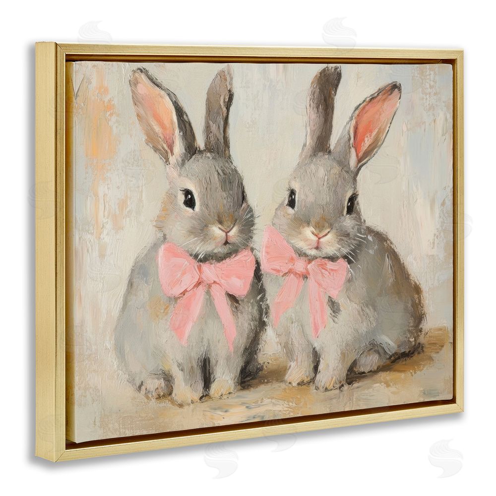 Petal Prints Design Bunnies in Pink Bows Gold Floating Frame Canvas Wall Art Print
