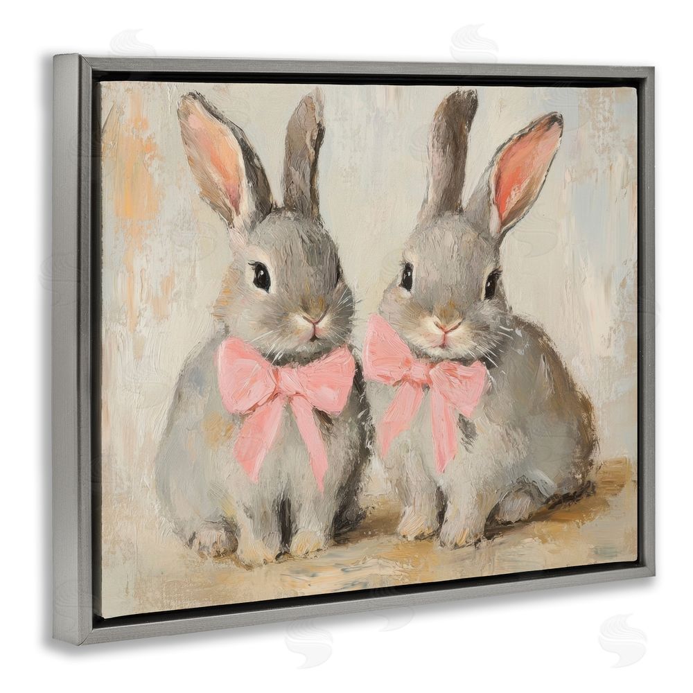Petal Prints Design Bunnies in Pink Bows Gray Floating Frame Canvas Wall Art Print