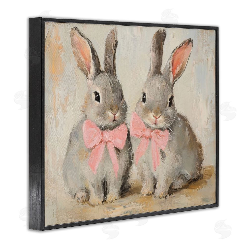 Petal Prints Design Bunnies in Pink Bows Black Framed Giclee Wall Art Print