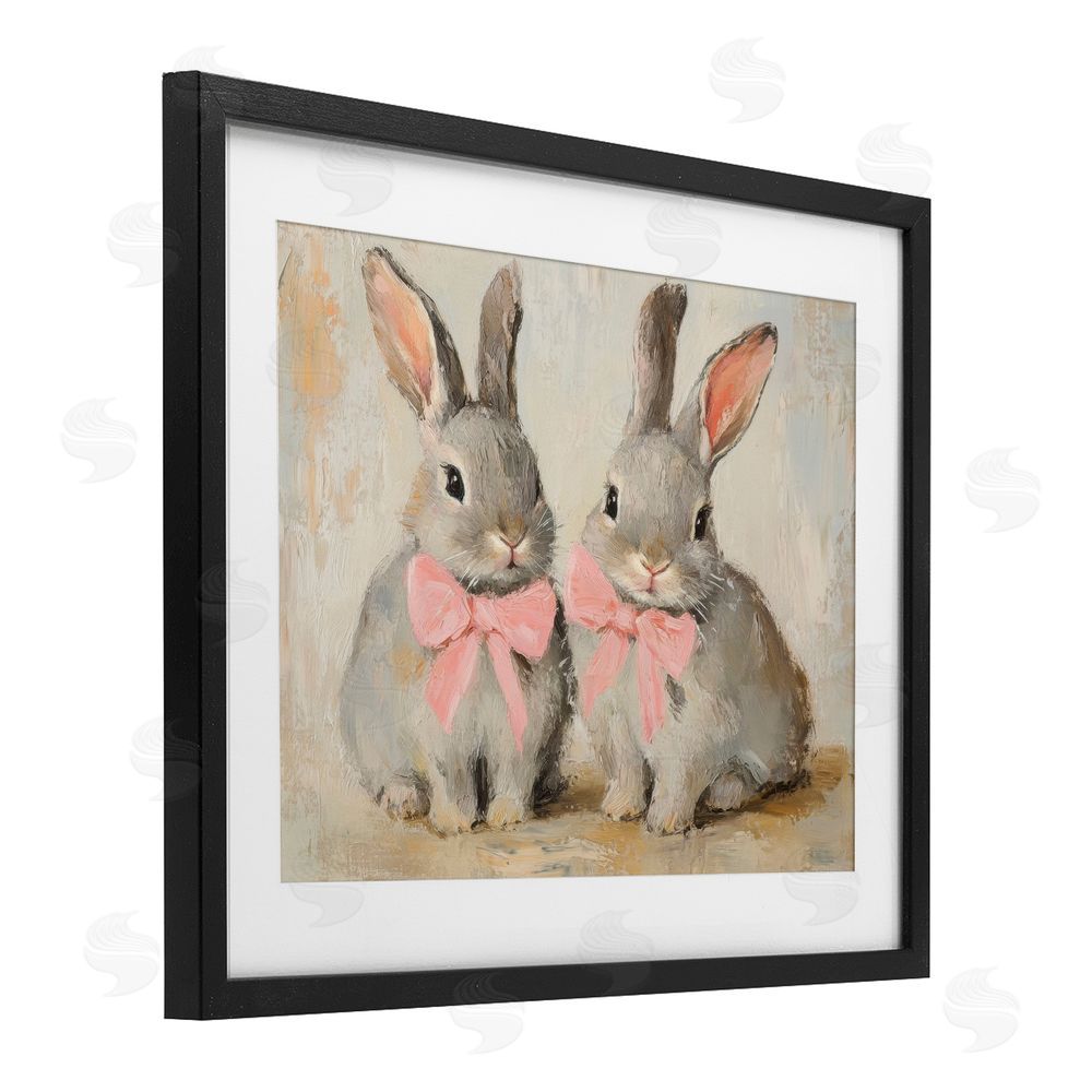 Petal Prints Design Bunnies in Pink Bows Black Framed Print Under Glass with White Mat Wall Art