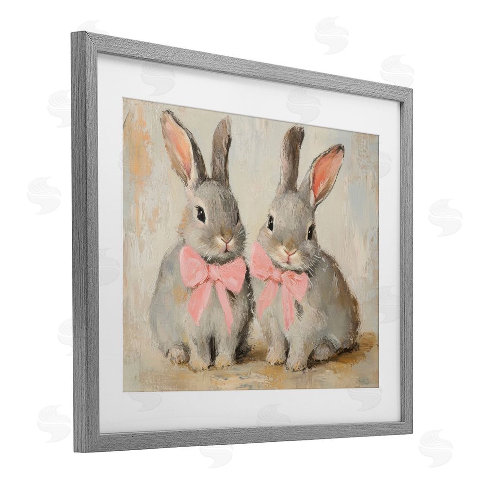 Petal Prints Design Bunnies in Pink Bows Gray Framed Print Under Glass with White Mat Wall Art