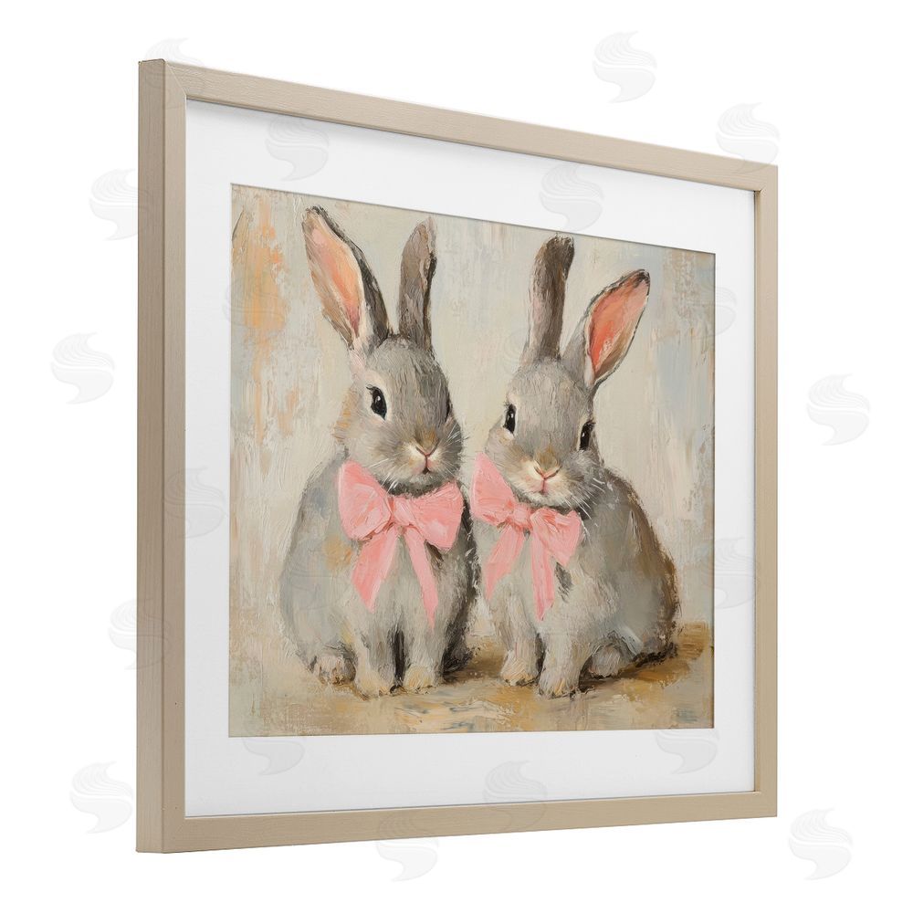 Petal Prints Design Bunnies in Pink Bows Birch Framed Print Under Glass with White Mat Wall Art