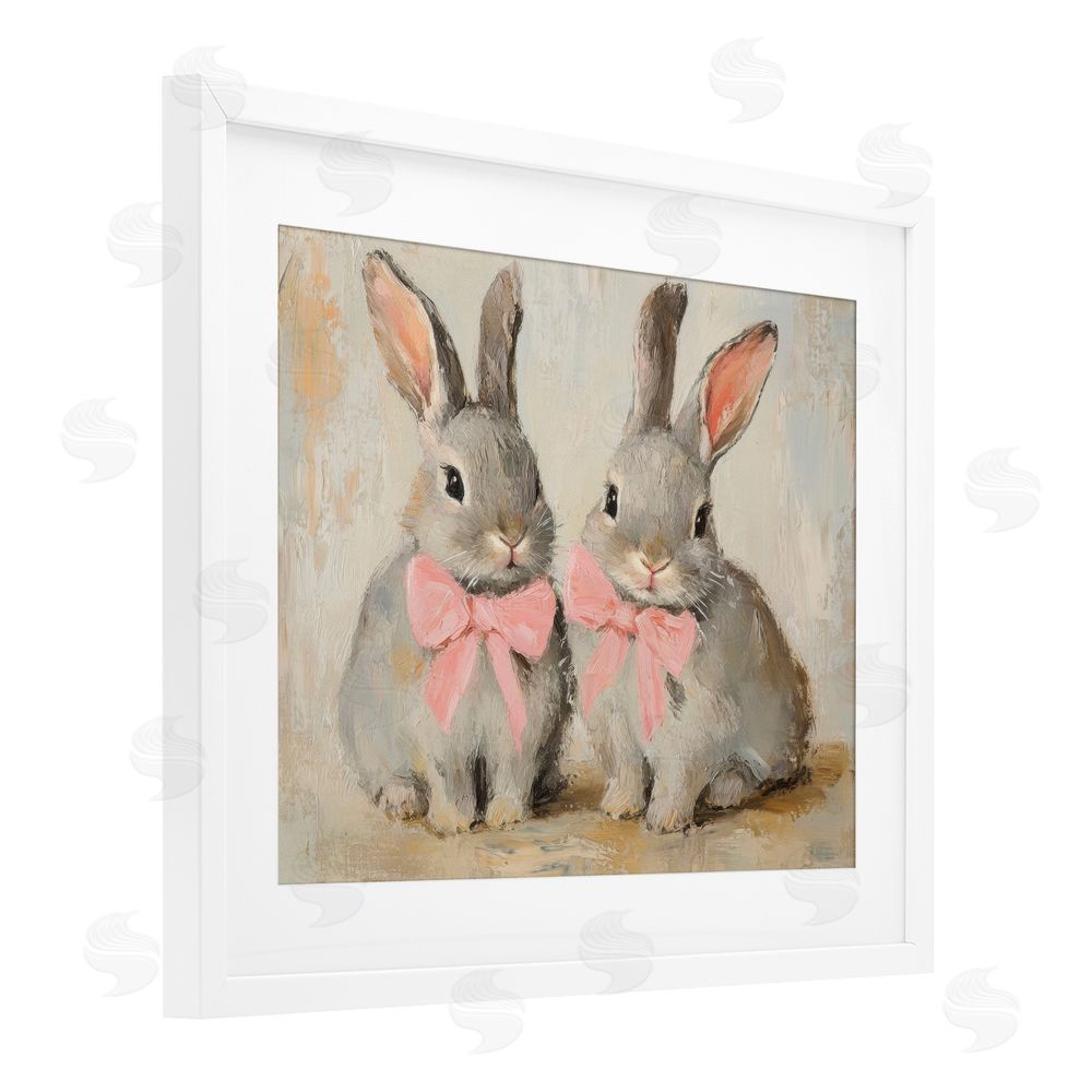 Petal Prints Design Bunnies in Pink Bows White Framed Print Under Glass with Mat Wall Art