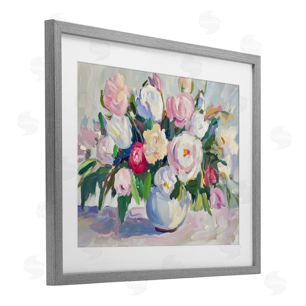 Petal Prints Design Abstract Colorful Bouquet Pastel Gray Framed Print Under Glass with White Mat Wall Art