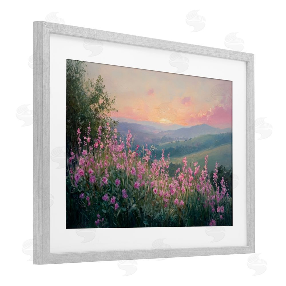 Petal Prints Design Twilight Meadow Pink Flowers Gray Framed Print Under Glass with White Mat Wall Art