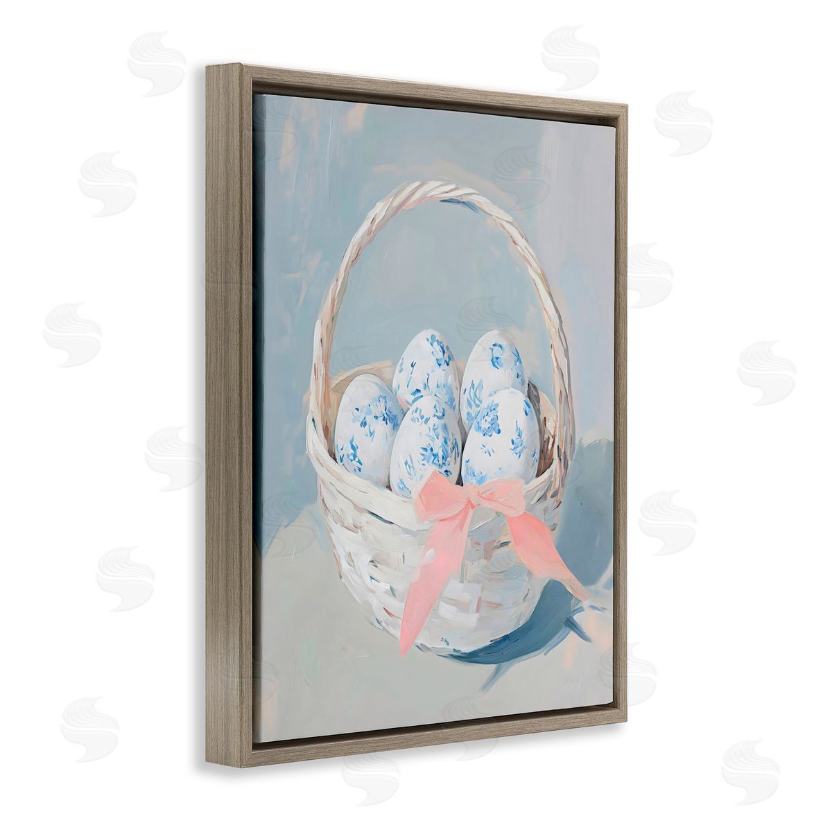 Arlington Prints Blue Floral Egg Basket Brown Floating Frame Canvas Art Print