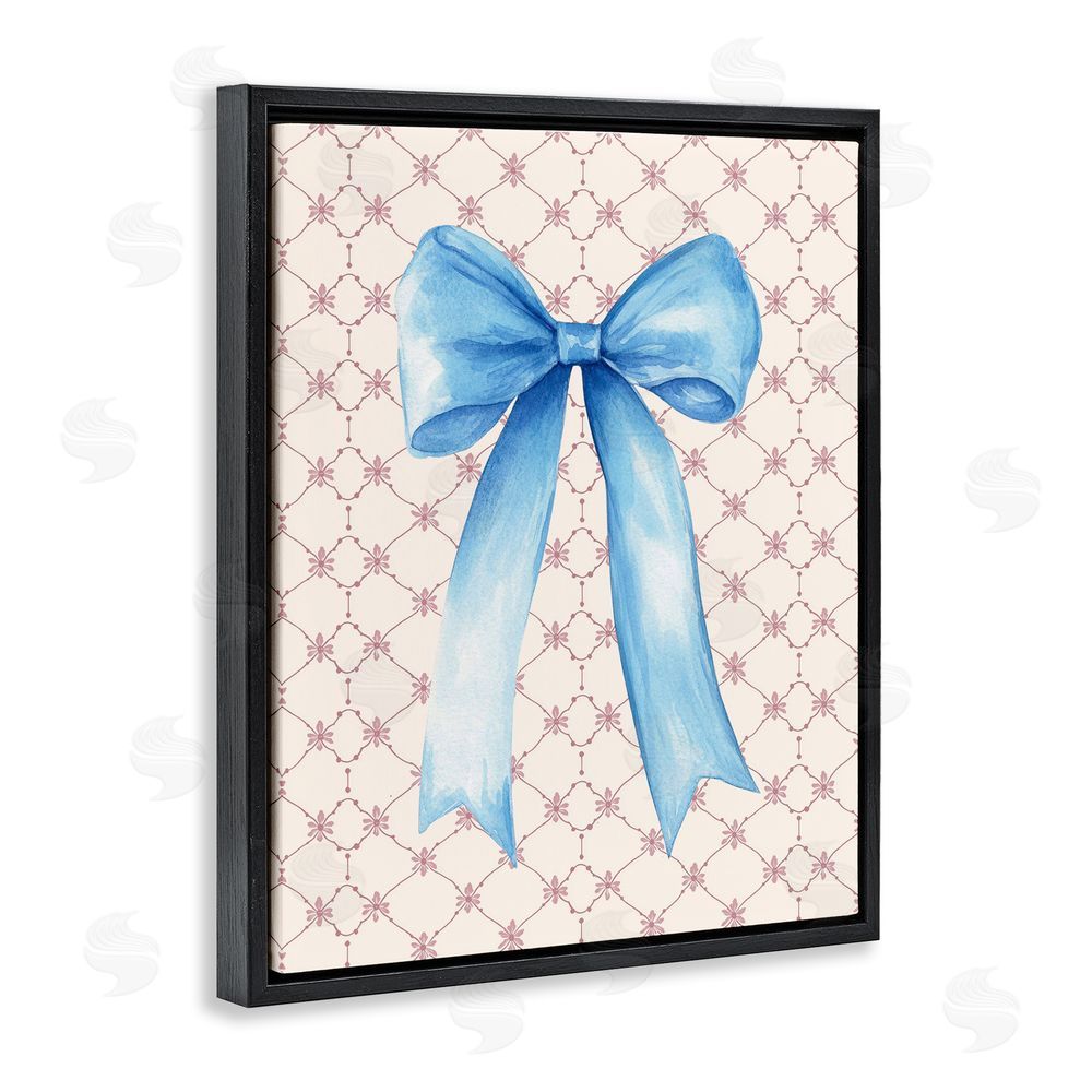 Petal Prints Design Blue Bow on Rose Quilt Pattern Black Floating Frame Canvas Wall Art Print
