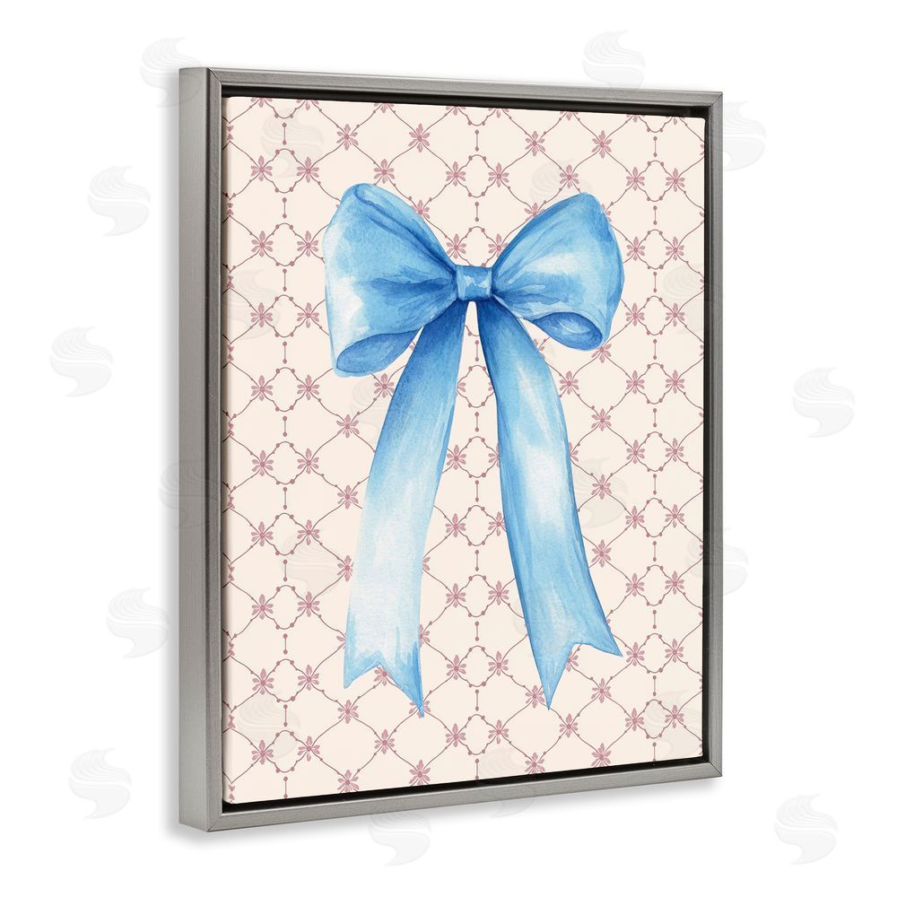 Petal Prints Design Blue Bow on Rose Quilt Pattern Gray Floating Frame Canvas Wall Art Print
