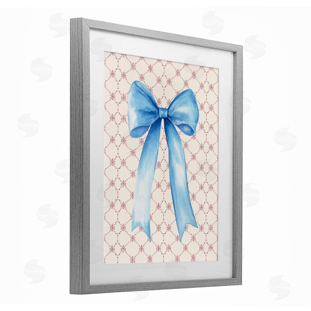 Petal Prints Design Blue Bow on Rose Quilt Pattern Gray Framed Print Under Glass with White Mat Wall Art