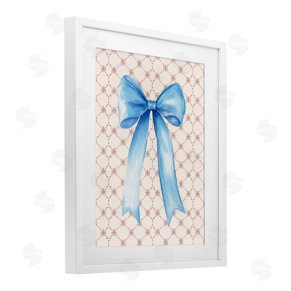 Petal Prints Design Blue Bow on Rose Quilt Pattern White Framed Print Under Glass with Mat Wall Art