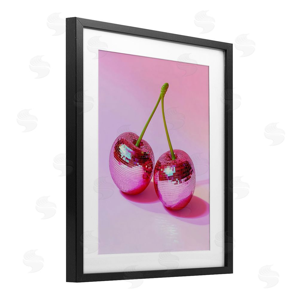 Creative Studio Pink Disco Cherries Black Framed Print Under Glass with White Mat Wall Art