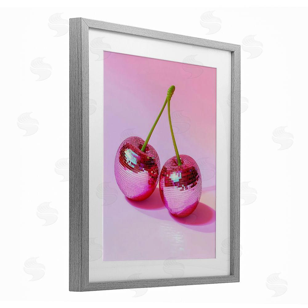 Creative Studio Pink Disco Cherries Gray Framed Print Under Glass with White Mat Wall Art