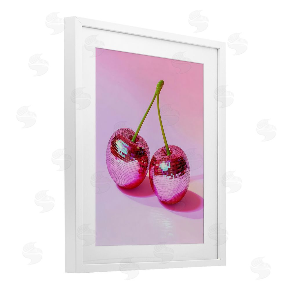 Creative Studio Pink Disco Cherries White Framed Print Under Glass with Mat Wall Art