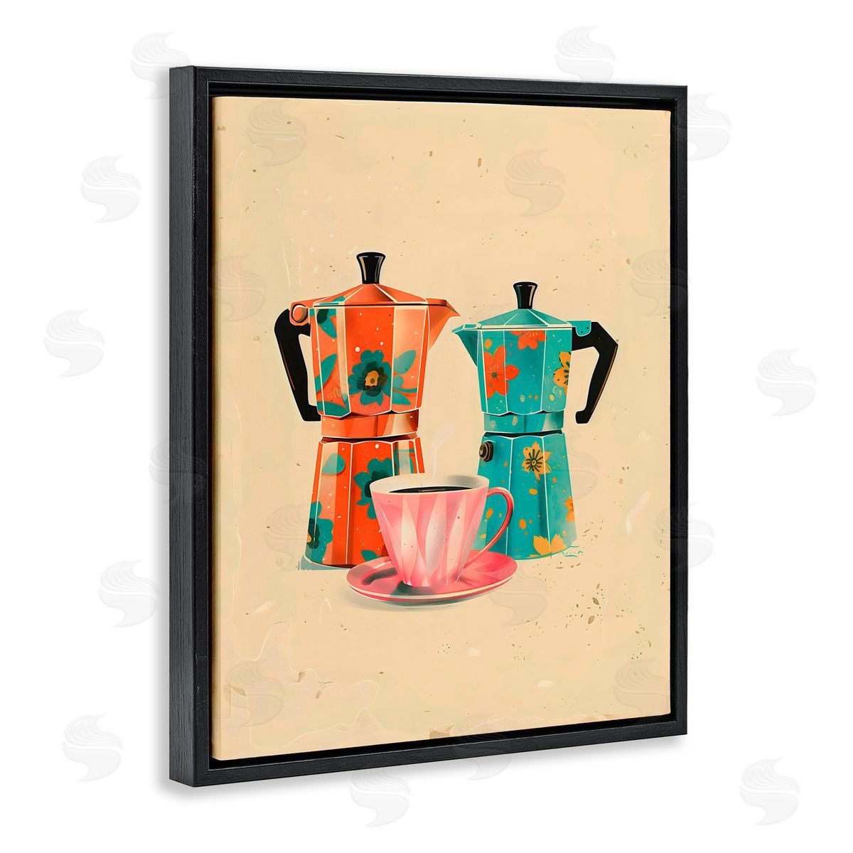 Arlington Prints Retro Morning Moka Pots Black Floating Frame Canvas Wall Art Print