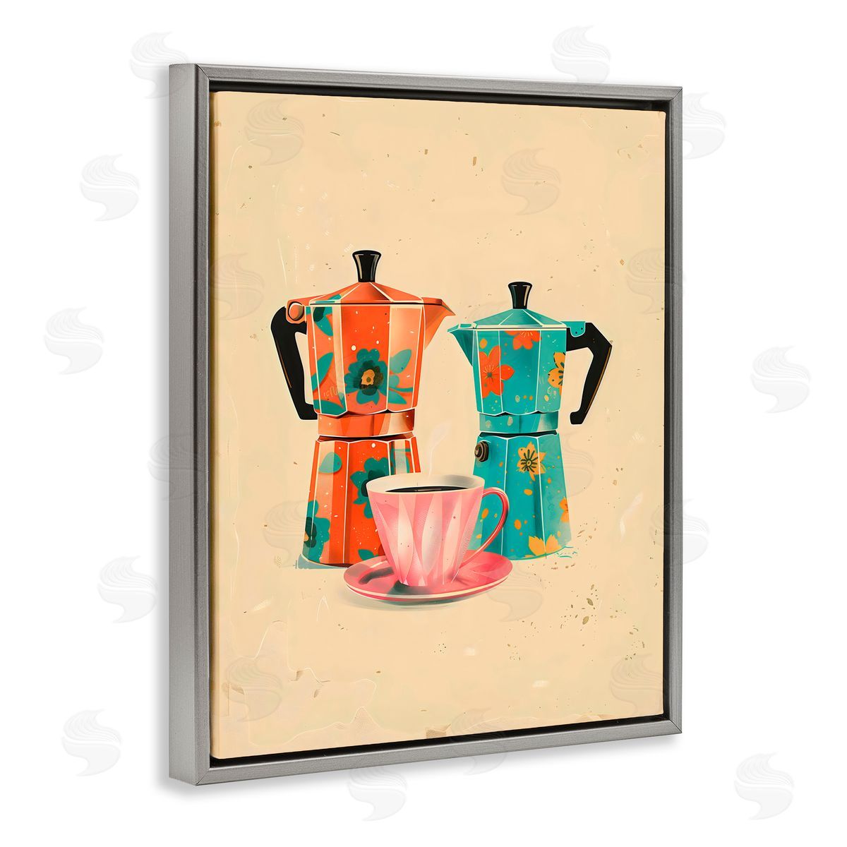 Arlington Prints Retro Morning Moka Pots Gray Floating Frame Canvas Art Print