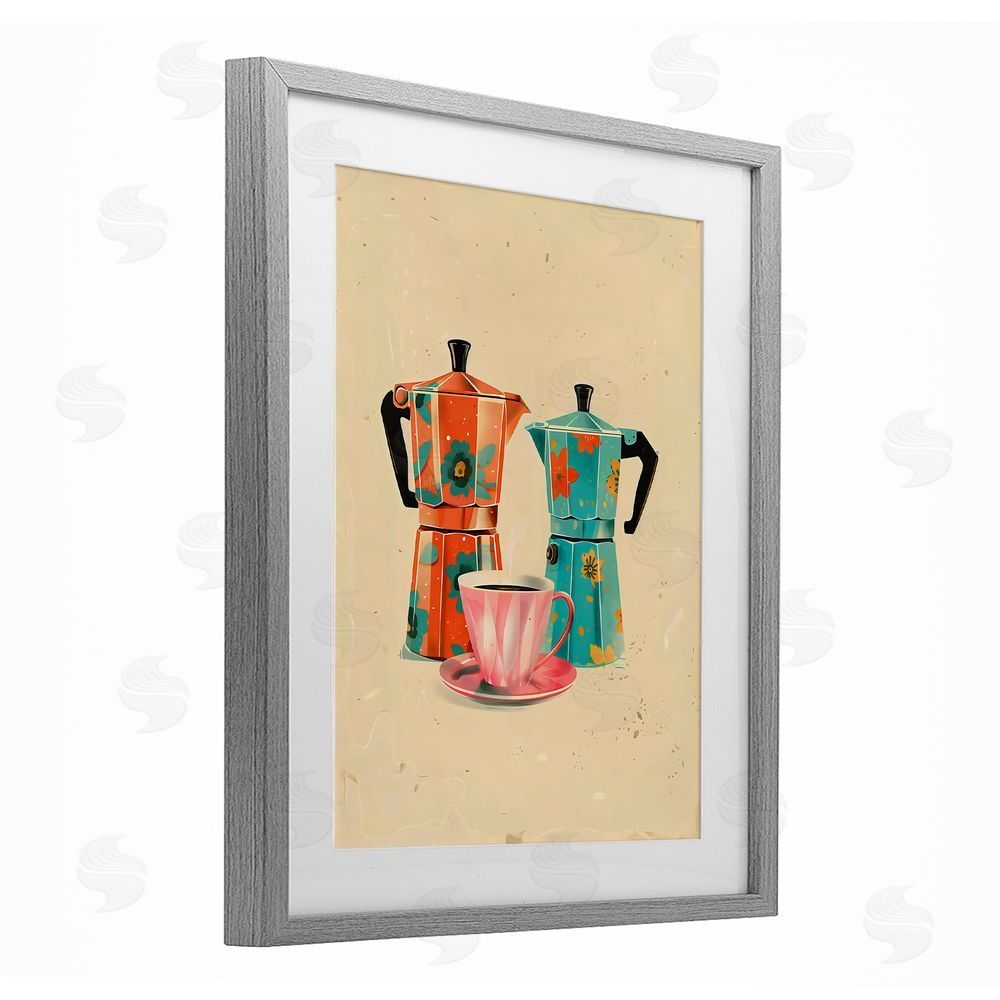 Arlington Prints Retro Morning Moka Pots Gray Framed Print Under Glass Art