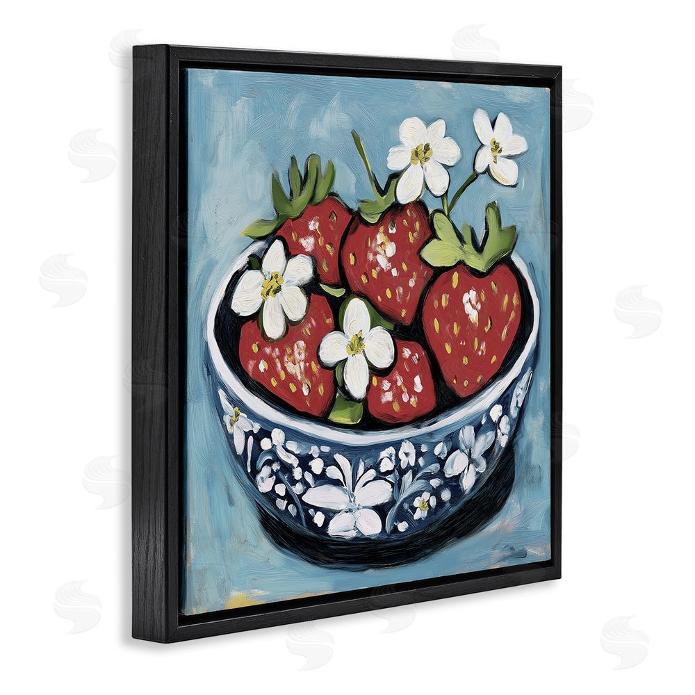Gina Kelly Strawberries in Blue Bowl Black Floating Frame Canvas Wall Art Print