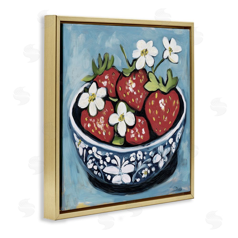 Gina Kelly Strawberries in Blue Bowl Gold Floating Frame Canvas Wall Art Print