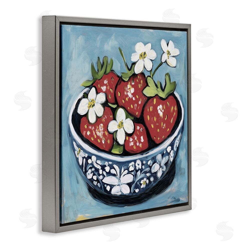 Gina Kelly Strawberries in Blue Bowl Gray Floating Frame Canvas Wall Art Print