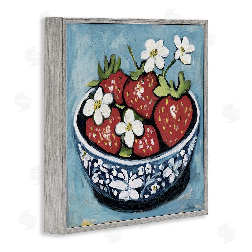 Gina Kelly Strawberries in Blue Bowl Gray Framed Giclee Wall Art Print