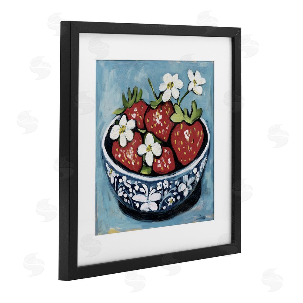 Gina Kelly Strawberries in Blue Bowl Black Framed Print Under Glass with White Mat Wall Art