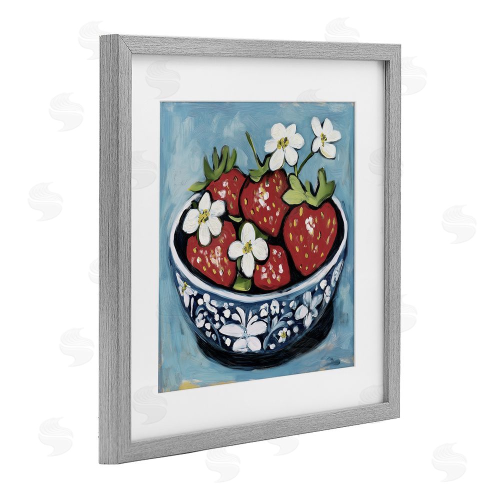 Gina Kelly Strawberries in Blue Bowl Gray Framed Print Under Glass with White Mat Wall Art