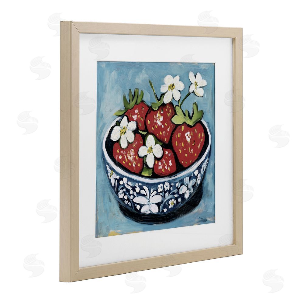 Gina Kelly Strawberries in Blue Bowl Birch Framed Print Under Glass with White Mat Wall Art