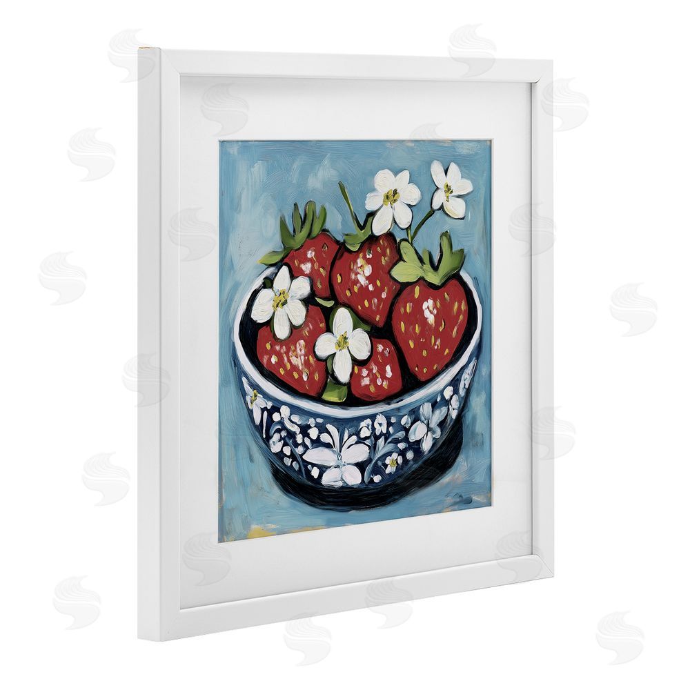 Gina Kelly Strawberries in Blue Bowl White Framed Print Under Glass with Mat Wall Art