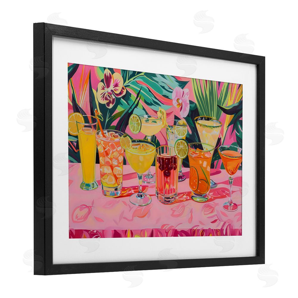LSR Design Studio Tropical Pink Cocktail Party Black Framed Print Under Glass with White Mat Wall Art