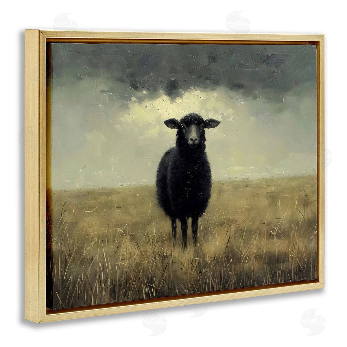 Arlington Prints Black Sheep in Field Gold Floating Frame Canvas Art Print