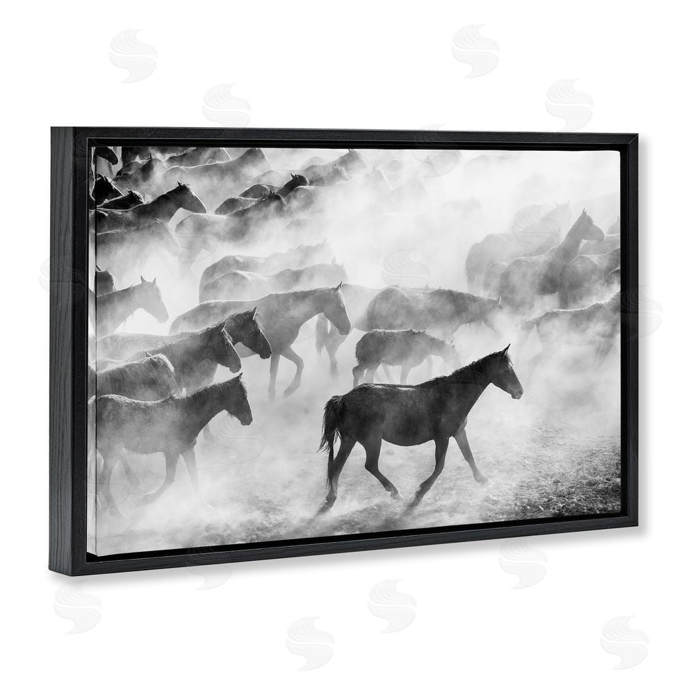 Sisi and Seb Dusty Road Horse Photograph Black Floating Frame Canvas Wall Art Print