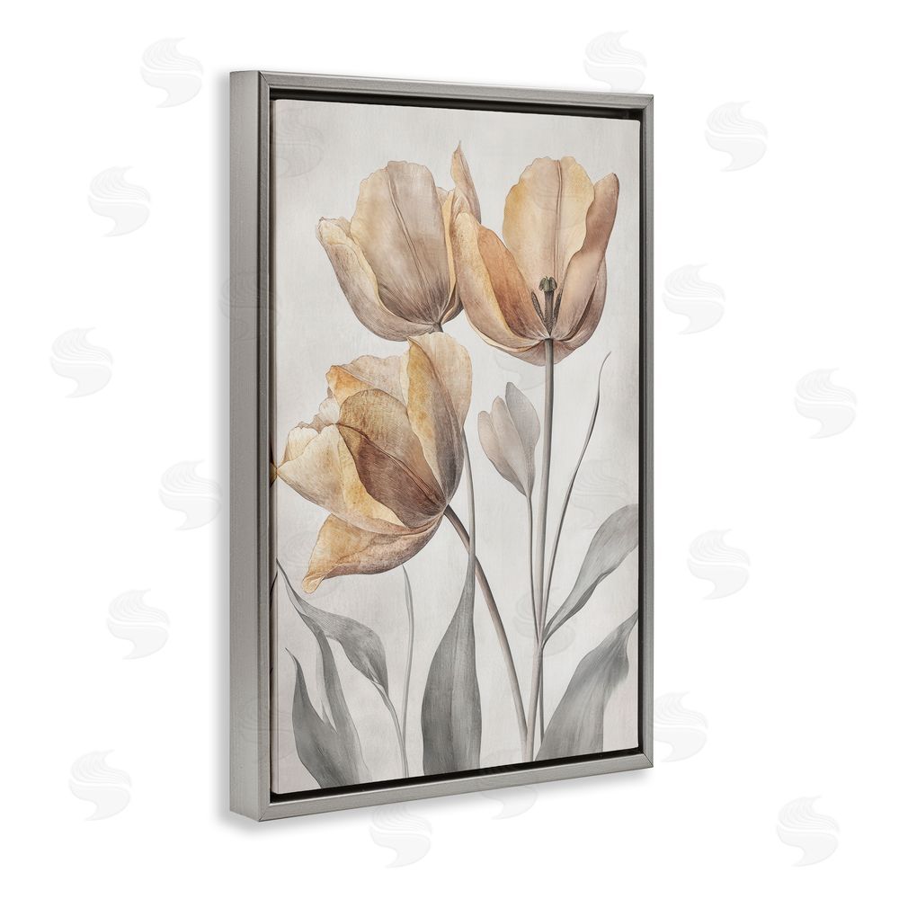 Petal Prints Design Pressed Poppies Orange Florals Gray Floating Frame Canvas Wall Art Print