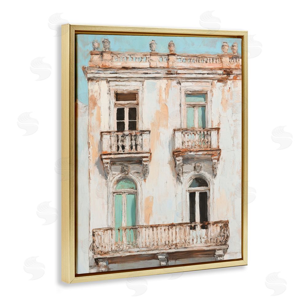 Petal Prints Design Aged Architecture City Buildings Gold Floating Frame Canvas Wall Art Print