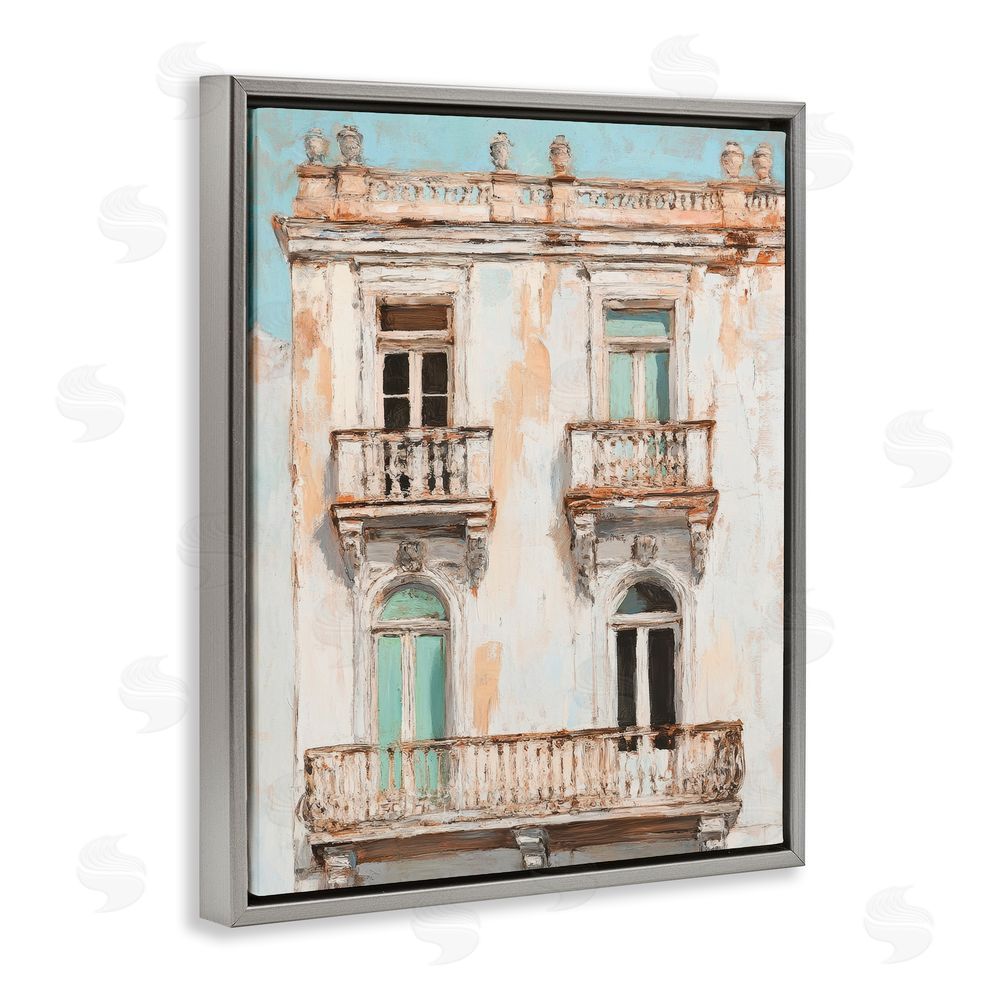 Petal Prints Design Aged Architecture City Buildings Gray Floating Frame Canvas Wall Art Print
