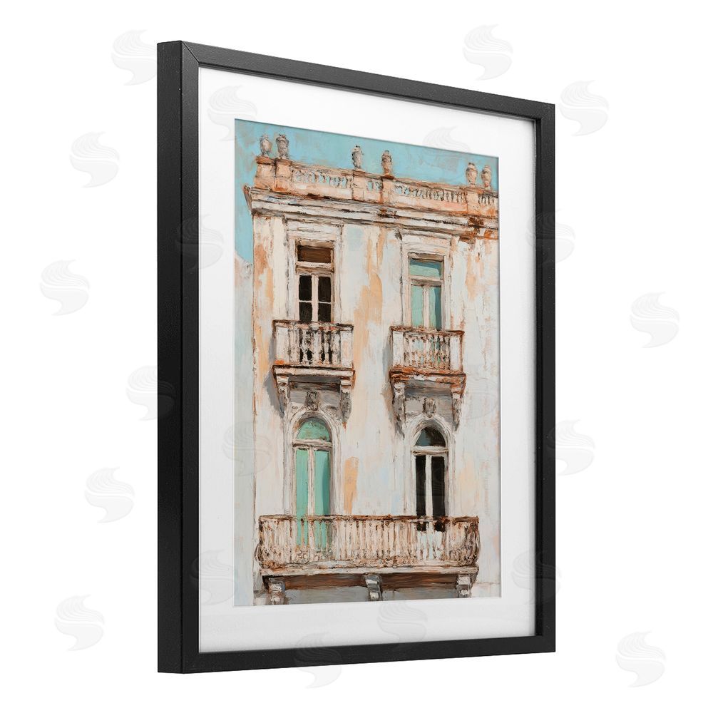 Petal Prints Design Aged Architecture City Buildings Black Framed Print Under Glass with White Mat Wall Art