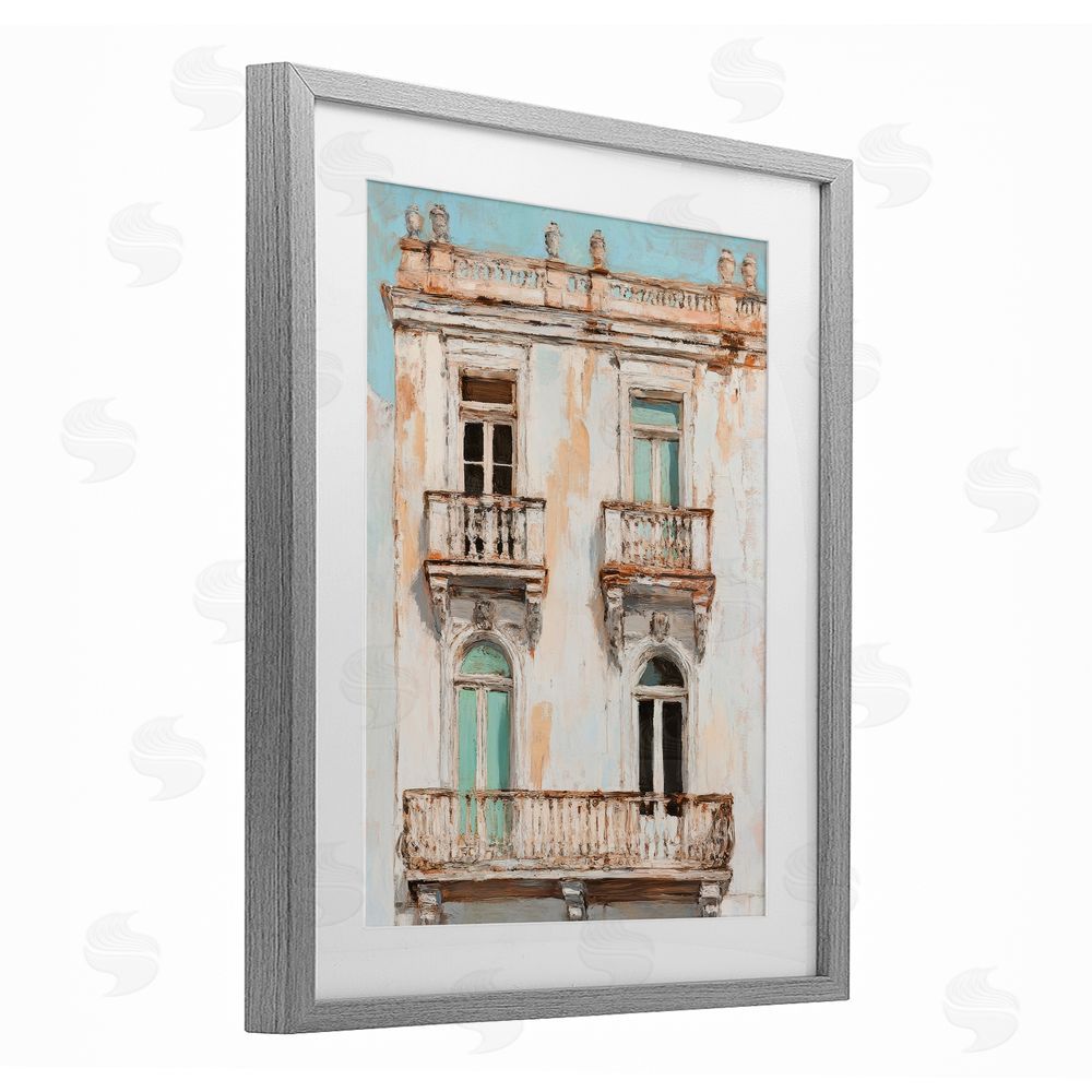 Petal Prints Design Aged Architecture City Buildings Gray Framed Print Under Glass with White Mat Wall Art