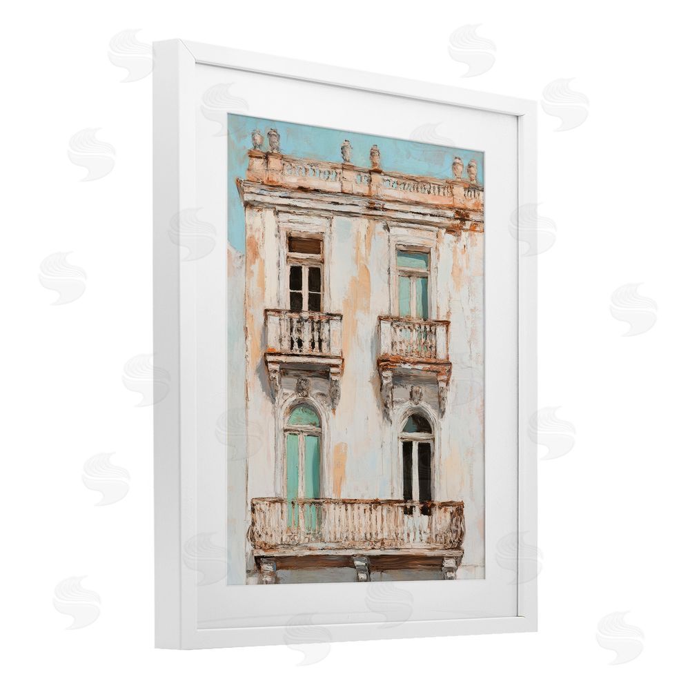Petal Prints Design Aged Architecture City Buildings White Framed Print Under Glass with Mat Wall Art