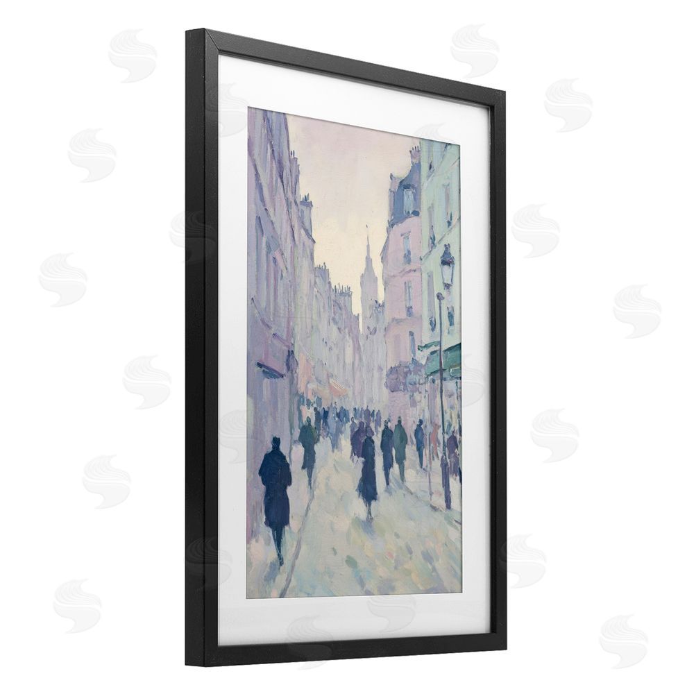 Petal Prints Design Blue Paris Street Scene Black Framed Print Under Glass with White Mat Wall Art