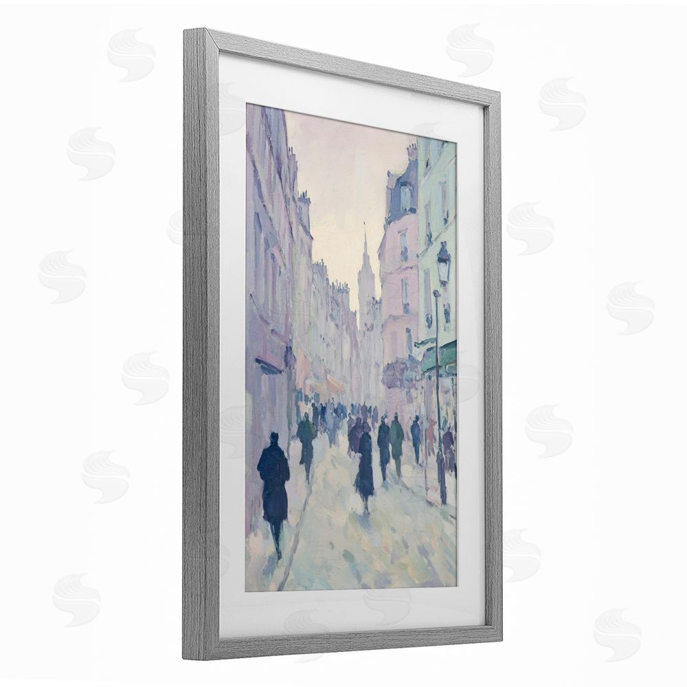 Petal Prints Design Blue Paris Street Scene Gray Framed Print Under Glass with White Mat Wall Art
